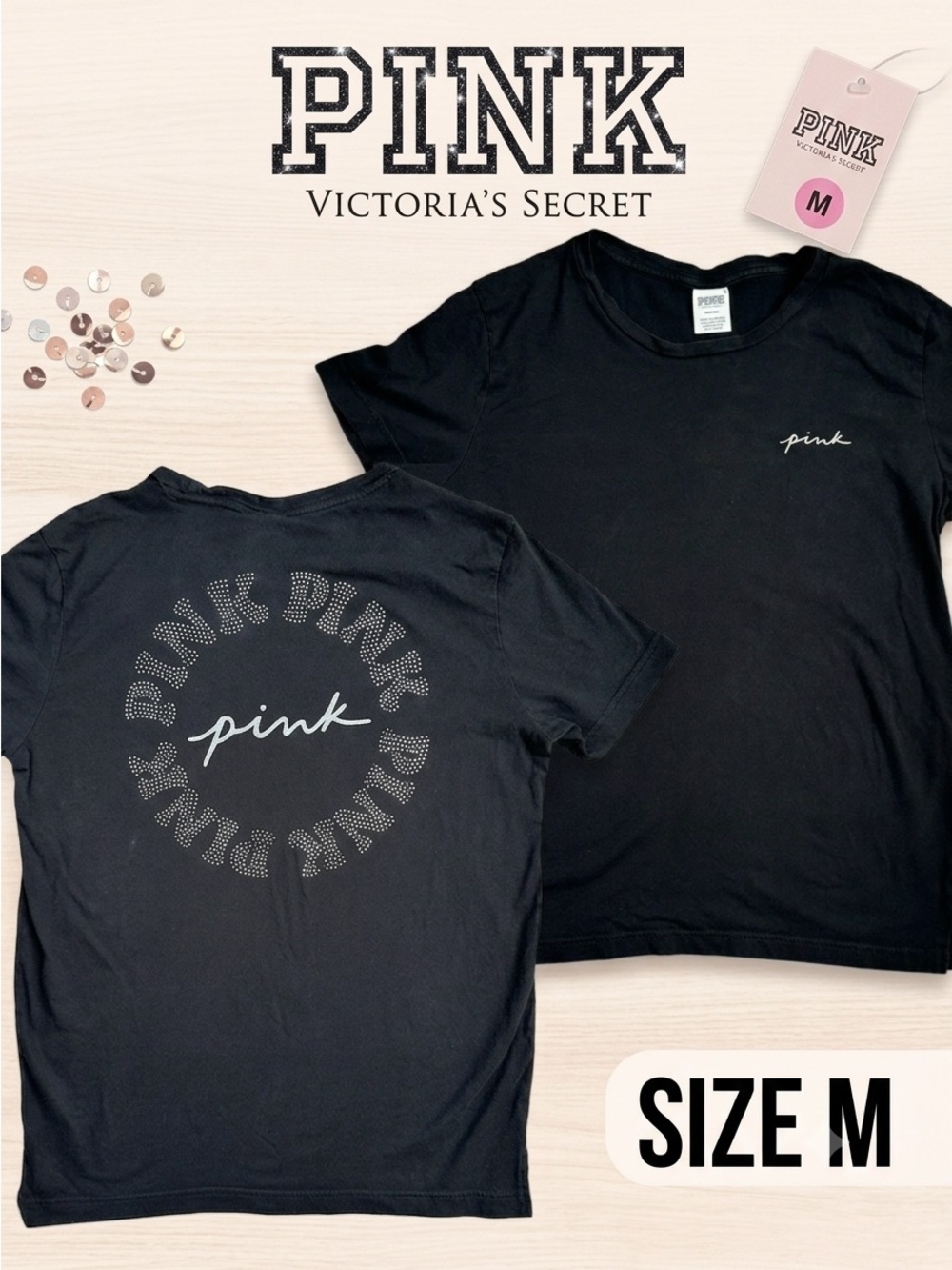 PINK Victoria’s Secret Women’s Black Rhinestone Bling Graphic Short Sleeve Tee M